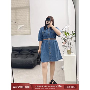 宛宛家2022大碼女裝復古牛仔襯衫連衣裙胖mm設計感收腰顯瘦中長裙