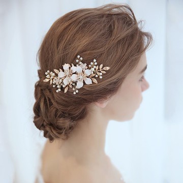 高檔優雅新娘頭飾金色發梳手工頭花結婚禮敬酒服發飾盤發插梳1入