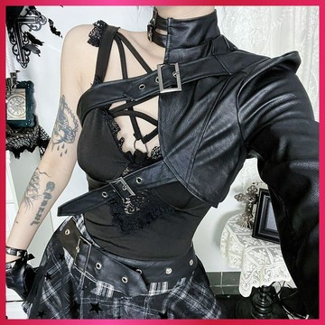 『ATC』萬聖節服裝女淡人穿搭單邊袖復古朋克皮上衣女穿搭設計感上衣