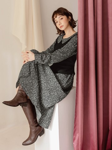 立體針織碎花拼接翻領長洋裝(附綁帶)