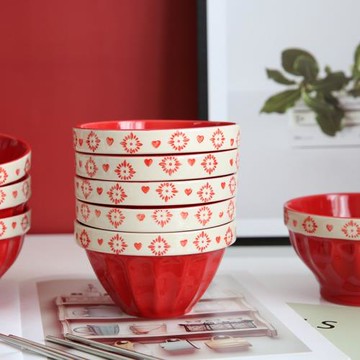 誕節新年米飯碗餐具 出口復古紅色手繪陶瓷碗家用喝粥碗疊疊碗