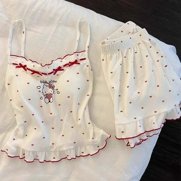 ✨臺灣出貨✨Kitty心形蝴蝶結花邊睡衣女夏季帶胸墊吊帶2025新款兩件套家居服