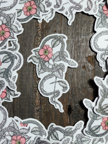 復古手繪風貼紙 蛇骨與花