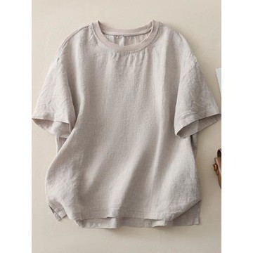 復古敦實棉麻短袖T恤女士夏季清涼透氣純色簡約休閑亞麻套頭上衣