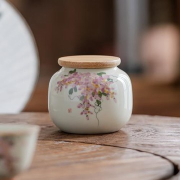 手繪紫藤花小號茶葉罐陶瓷密封罐茶罐儲存罐空罐家用茶倉擺件