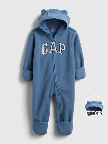 嬰兒裝 Logo刺繡熊耳造型連帽長袖包屁衣/連身衣-灰藍色