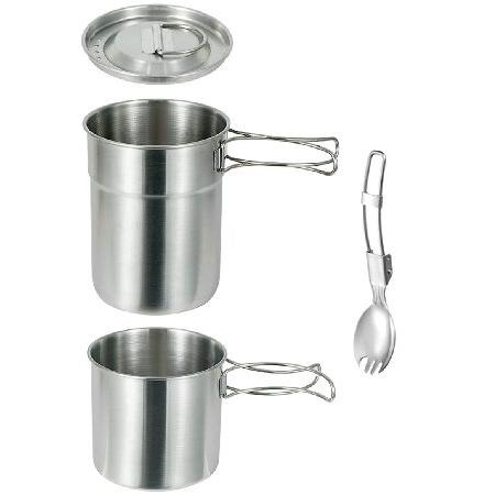 DZRZVD Camping Cups and Mugs Pot 2Pcs 304 Food Grade Stainless Steel Foldable Handle Outdoor Cookware Set with Vented Lid ＆ Spork 33oz Big  