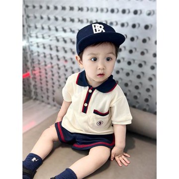 男童夏季短袖套裝T恤polo衫學院風兒童夏款翻領織帶洋氣二件套潮
