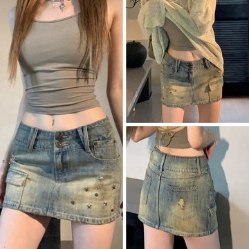 大美妞 ★ 現+貨 美式短裙 牛仔短裙 牛仔裙 高腰短裙  星星鉚釘顯瘦短裙 包臀裙 a字裙 半身裙子