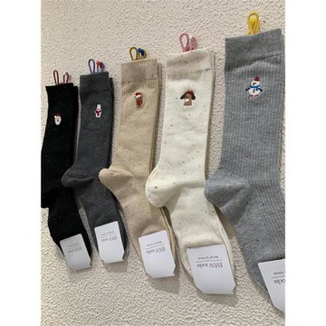 可愛卡通雪人刺繡女襪子韓版網紅圣誕老人點子紗坑條中長筒堆堆襪
