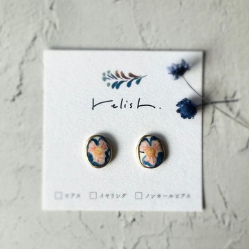 【再販】大輪 彩色花朵 陶瓷 金繼 耳環 耳夾 無耳洞耳飾 螺旋夾式 夾式 花朵 個性 獨特 藍色 橘色 金色