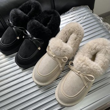 真兔毛外貿尾單秋冬加絨保暖皮毛一體蝴蝶結雪地靴保暖鞋一腳蹬潮