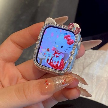 ins韓系少女 輕奢高級感 KT貓 鑲鑽錶盤 apple 凯蒂 s11 立體貓耳蝴蝶結 iwatch987代se蘋果手錶