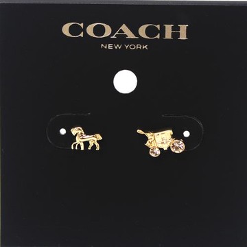 COACH  水晶綴飾 馬車不對稱造型設計耳環_復古金
