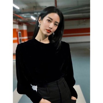 楊采鈺同款黑色絲絨襯衫女法式設計感小眾復古圓領氣質打底衫上衣