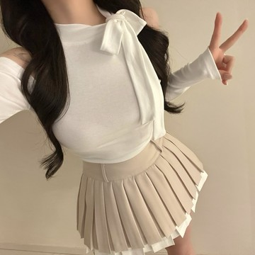 🇰🇷Korea韓國連線·正韓 領結露肩長袖上衣+拼接百摺短裙 領結上衣 露肩上衣 長袖T 百摺裙 學院風 韓國女裝