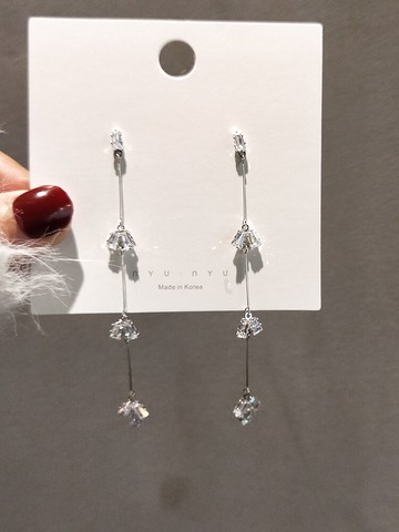 耳環新款潮網紅韓國氣質個性簡約百搭長款流蘇鋯石耳釘女純銀1入