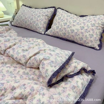 A類母嬰全棉雙層紗床包組 皺皺花邊款床包四件組 美拉德色系 純棉 床上四件套 床單 被套