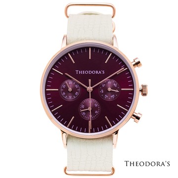【Theodora's】Apollo 中性三眼瘋馬皮腕錶 三眼酒紅-瘋馬皮精品紋白