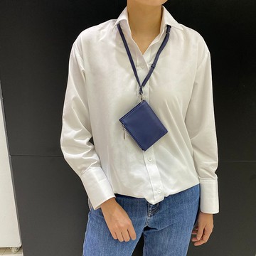 短夾包 真皮皮夾 Slim Leather wallet with strap - Blue