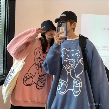 小熊衛衣男情侶裝秋冬加絨加厚寬鬆學生上衣外套女潮卡通衛衣 卡通衛衣 一男一女 情侶大學T ins設計感衣服 網紅爆款 i