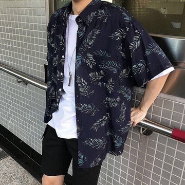 【PAGANS STORE】韓版 春夏 寬鬆 落肩 葉子 花襯衫 短袖 襯衫 (2 color)