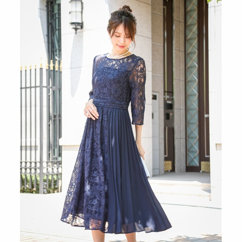 アシンメトリープリーツ使い総レースワンピースドレス 通販 Lineポイント最大get Lineショッピング