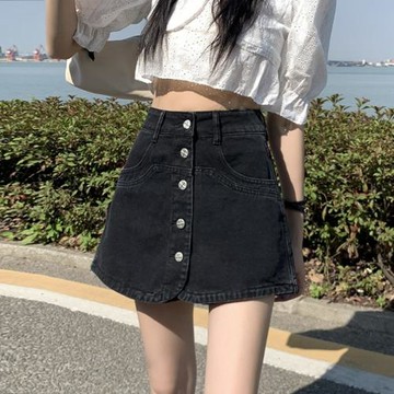 大碼胖MM高腰設計感小眾排扣牛仔半身裙女夏季寬松顯瘦a字短裙褲
