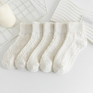 VIVILIAN日系甜美花邊純色麻花百搭女短襪(5色入)