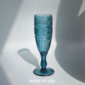 中古宮廷浮雕加厚玻璃杯波西米亞風藍色太陽花高腳杯ins雞尾酒杯