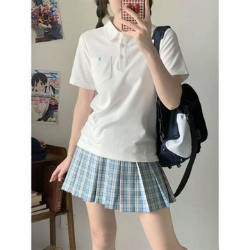 墨秋JK原創設計小禾白色POLO衫修身短袖女日系學院風正肩上衣