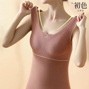 初色 初色生活 休閒風修身保暖拼接撞色V領肩帶德絨內搭打底背心女背心-共7色-80930(L-4XL可選)