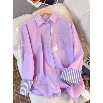 純色襯衫女設計感小眾春2025新款寬松紫色拼接條紋polo領長袖襯衣