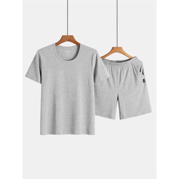 男士睡衣套裝夏季純棉莫代爾純色薄款寬松大碼圓領短袖家居服套裝