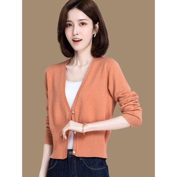V領針織開衫女春秋修身顯瘦外搭羊毛衫長袖短款上衣洋氣毛衣外套