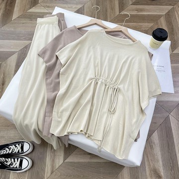 早秋新款 時尚兩件套 寬松顯瘦抽褶設計感上衣+高腰針織闊腿褲女I