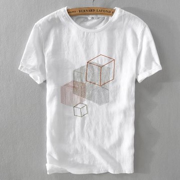 夏季男亞麻短袖T恤青年圓領方格刺繡體恤半袖衫外搭薄款棉麻小衫