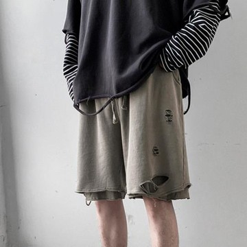 高街破洞短褲男夏季ins潮牌寬松韓版潮流運動褲假兩件疊穿五分褲