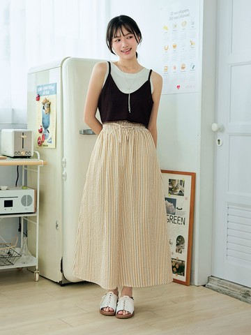 日系直條紋抽繩鬆緊腰長裙