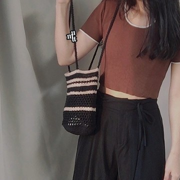 夏日亞麻條紋度假海灘網狀肩背包