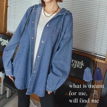 PUFII-外套 直條紋連帽抽繩牛仔襯衫外套-1003 現+預 秋【CP32051】