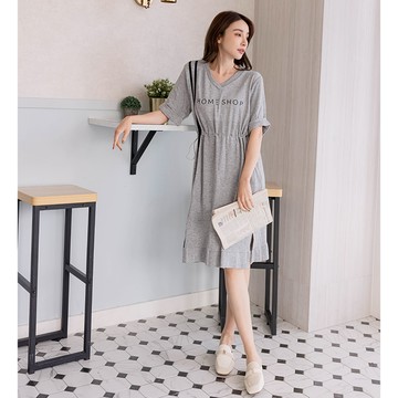 【1+1優惠】HS 縮腰顯瘦logo舒適棉質洋裝 質感灰