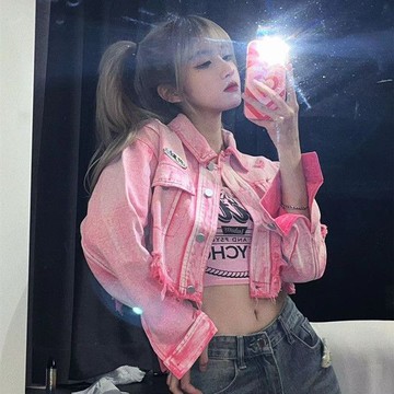 外套 INS美式粉色水洗破洞牛仔外套夾克短版外套女生寬鬆顯瘦外套大尺碼女裝 10949