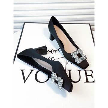 黑色通勤淺口方頭職業高跟鞋女粗跟2025年新款春夏水鉆工作單鞋