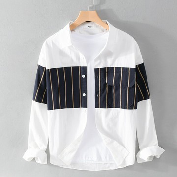 【巴黎精品】現貨+預購 襯衫長袖上衣-條紋拼接撞色百搭純棉打底男裝a1bu97