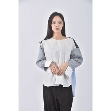 (L) 質感跳色藍色長袖上衣二手衣