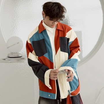 【AMERO】男女款 長袖襯衫外套 色塊拼接 情侶裝