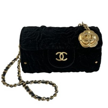 二手品 CHANEL 山茶花口紅鏈袋配件MINI包 金鏈黑色