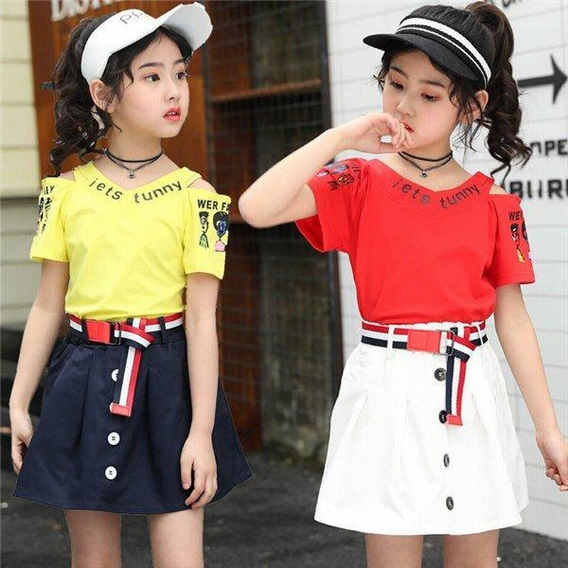子供服 セットアップ キッズ 女の子 2点セット 上下セット Tシャツ 半袖 肩出し スカート ジュニア 小学生 通販 LINEポイント最大GET  LINEショッピング
