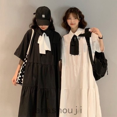 高校生中学生ファッション半袖夏ワンピースシャツワンピ黒ブラックおしゃれかわいい韓国大きいサイズ10代代30代6075 通販 Lineポイント最大get Lineショッピング